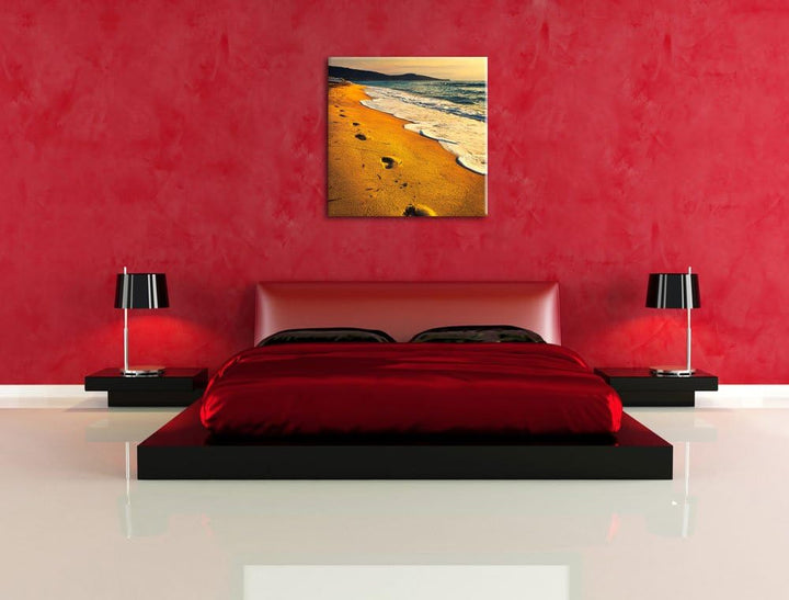 Fussabdrücke im Strand, Format: 70x70 auf Leinwand, XXL riesige Bilder fertig gerahmt mit Keilrahmen