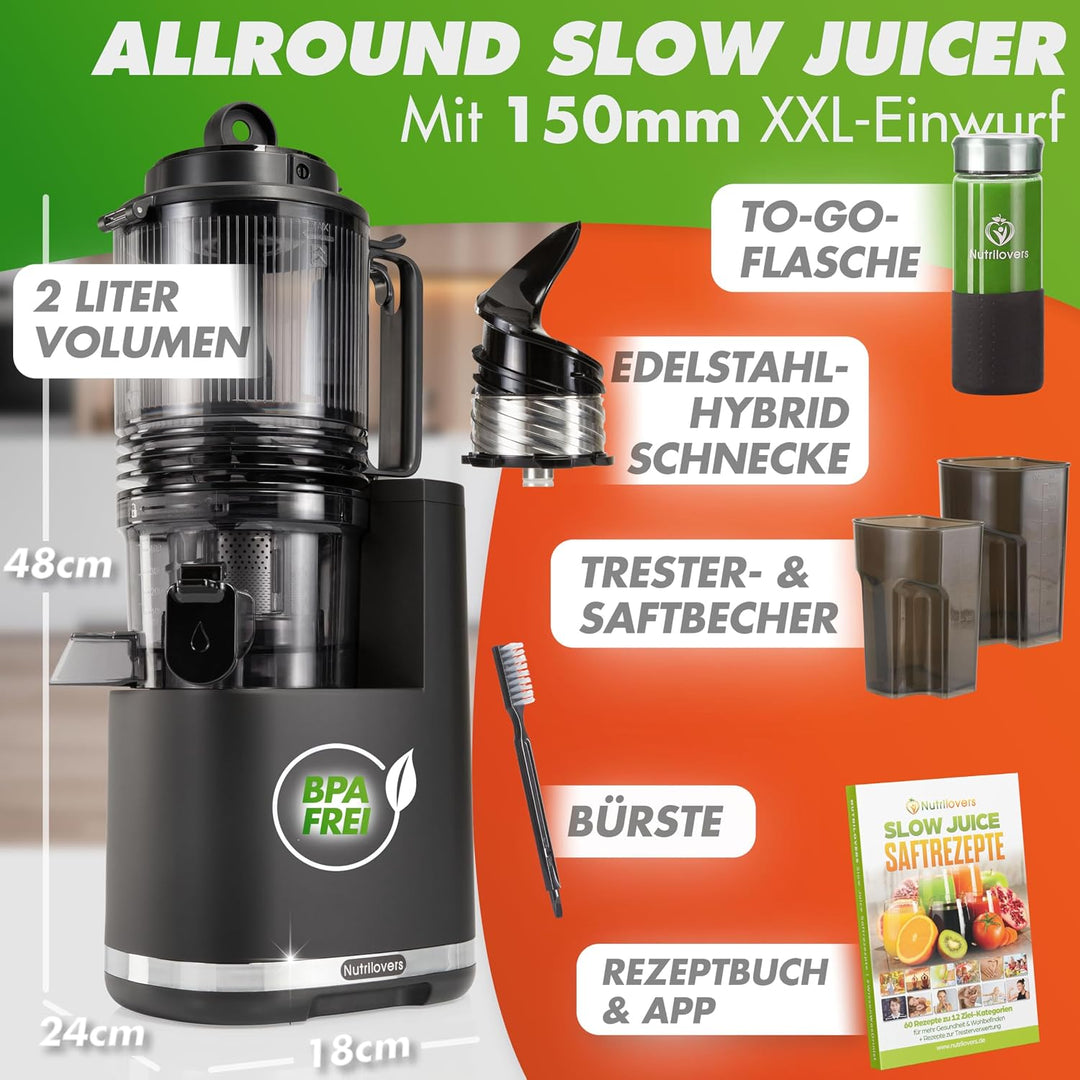 Nutrilovers Slow Juicer NUTRI-PRESS MAX+ Ganze Früchte entsaften Entsafter mit XXL 150 mm Öffnung, B