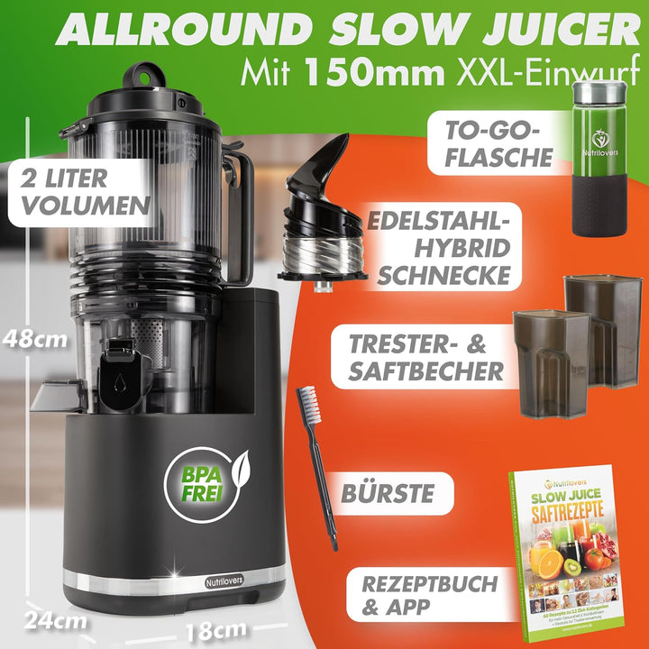Nutrilovers Slow Juicer NUTRI-PRESS MAX+ Ganze Früchte entsaften Entsafter mit XXL 150 mm Öffnung, B