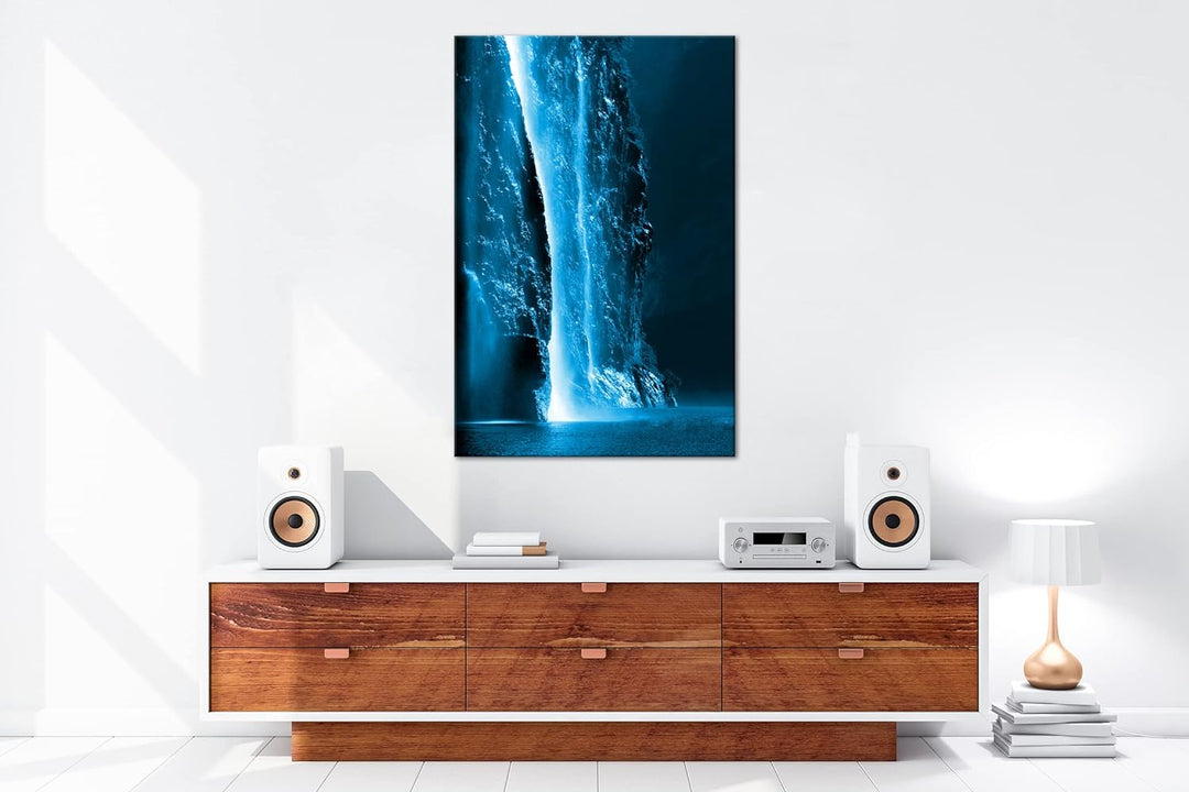 deyoli gigantischer Wasserfall Format: 100x70 Effekt: Monocrome Blau als Leinwand, Motiv fertig gera