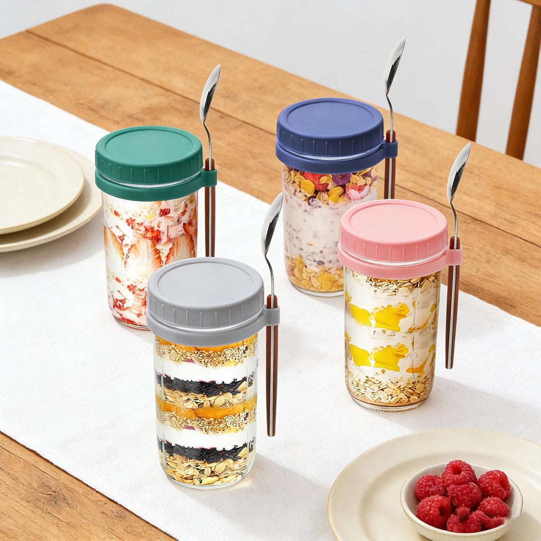 Müslibecher to go 600ml,Glas Müslibecher, joghurtbecher to go mit Deckel und Löffel,Müsli Cup to Go