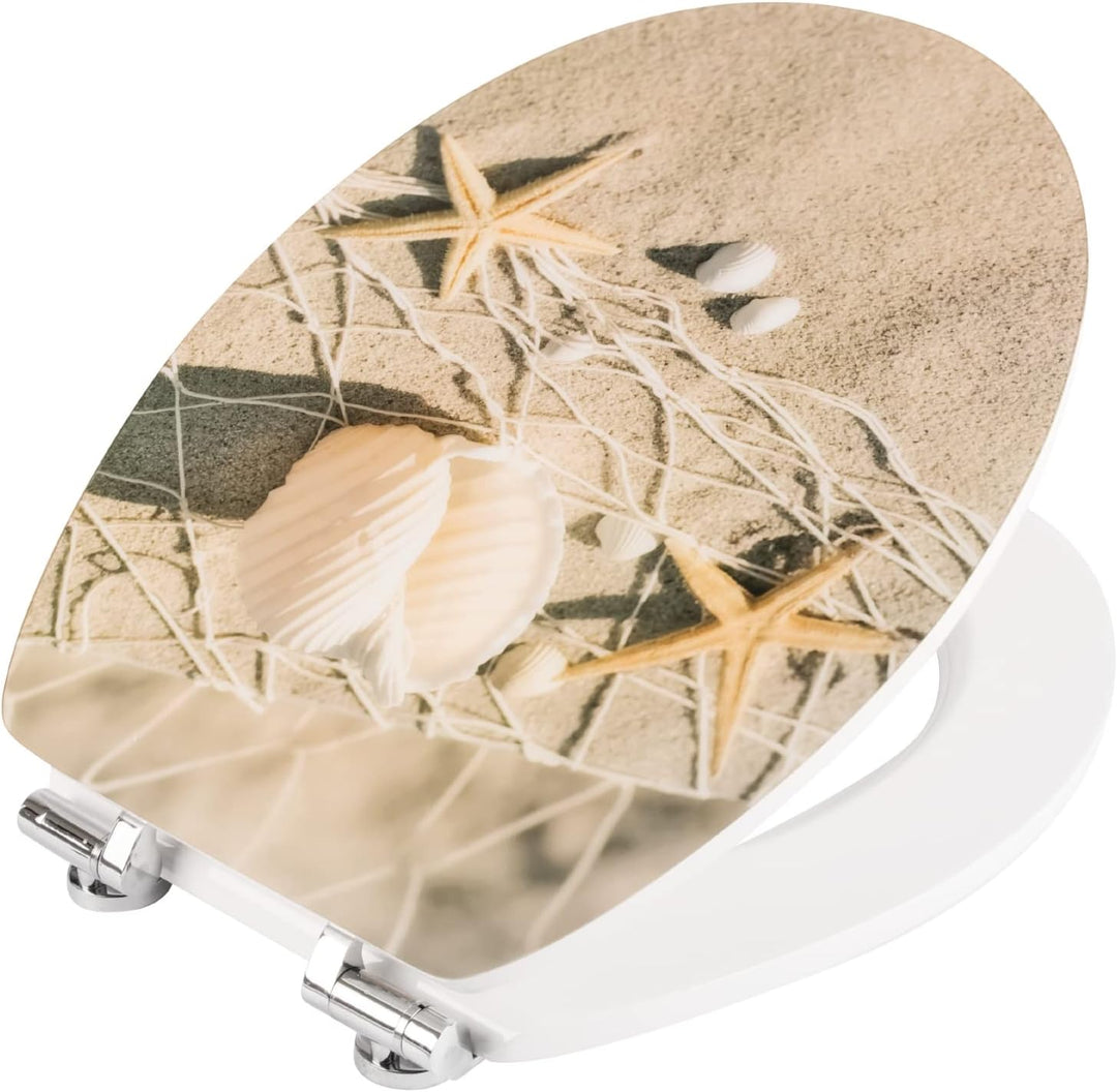 'aquaSu® WC-Sitz mit Absenkautomatik, Maritim Dekor Strandperlen, High Gloss Toilettensitz mit Holz-