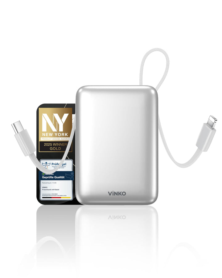 VINKO Powerbank 20.000mAh 22.5W mit integriertem 2 Kabel, High-Speed portables Ladegerät, Klein Powe