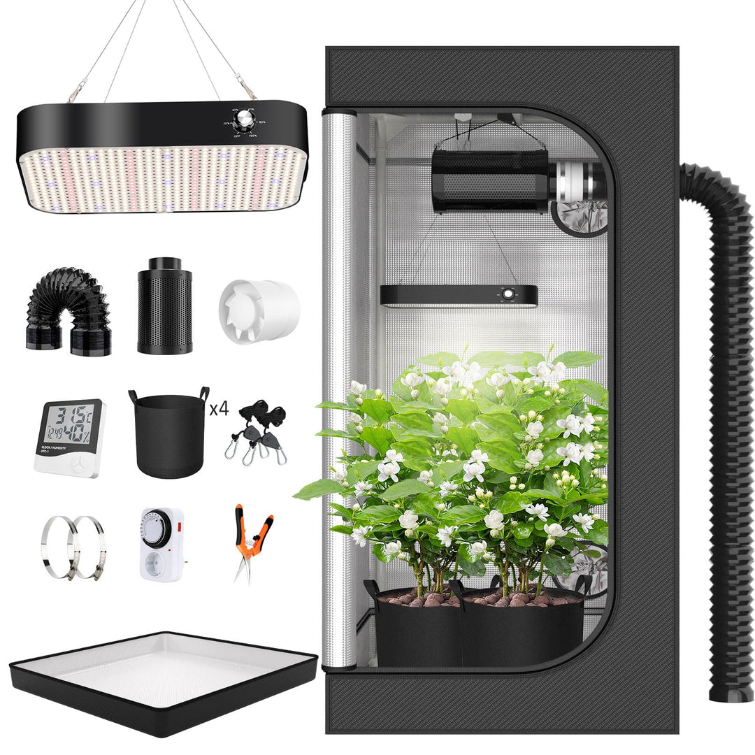Growzelt Komplettset Anbau Set mit 200W LED Vollspektrum Grow Lampe Dimmbar, 100x100x200cm GrowZelt