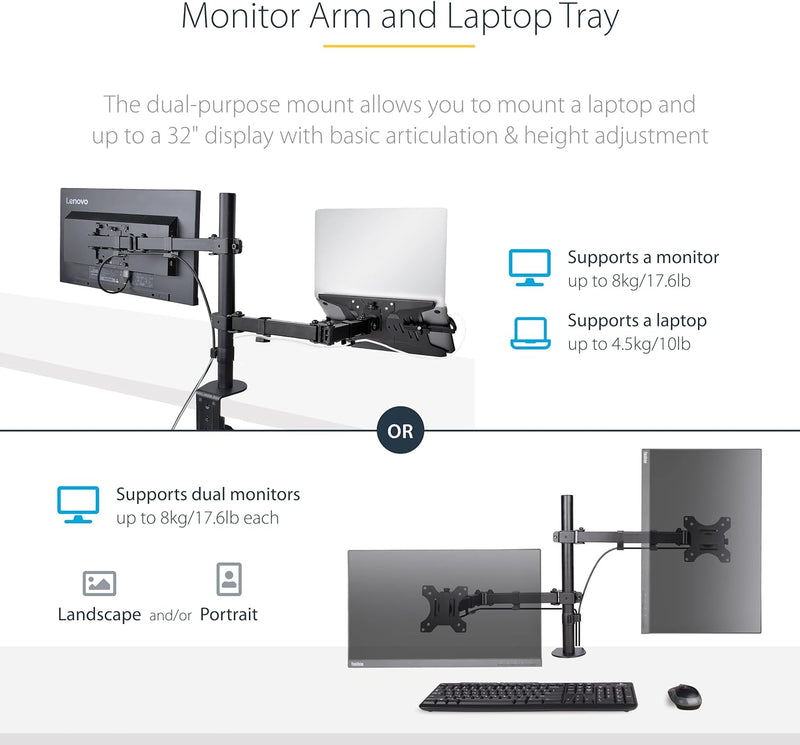 StarTech.com Braccio Monitor da Scrivania con Ripiano VESA Ventilato per Laptop e Display fino a 32"