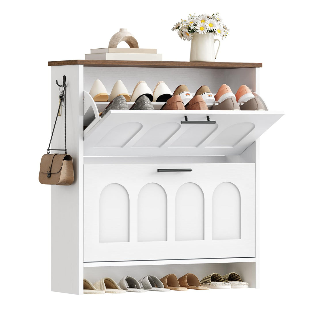 HOOBRO Schuhschrank mit Klappen, schmaler Stauraumschrank mit Bogentüren, verstellbaren Einlegeböden