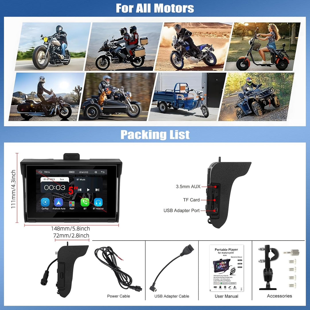 SIXWIN Carplay Motorrad Display für Moto mit Wireless Carplay Android Auto, 5 Zoll HD Touchscreen Bi