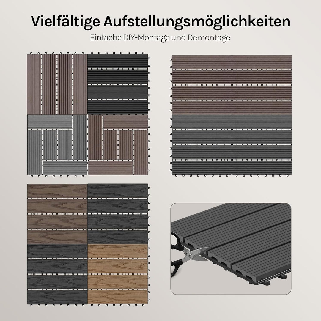 WOLTU WPC Fliese, Terrassenfliesen Holz-Optik, Bodenbelag mit Klicksystem, 30 x 60 cm, Grau (12 Stüc