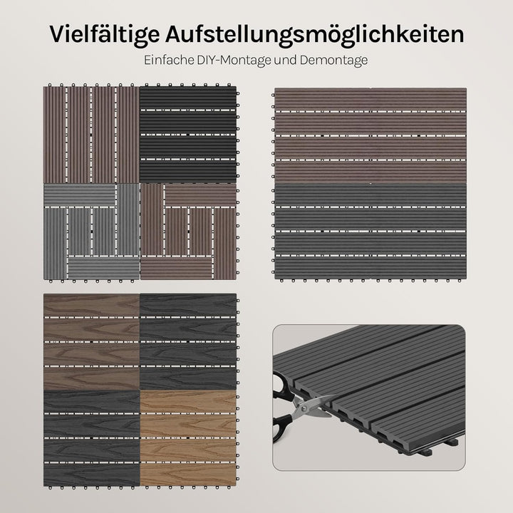 WOLTU WPC Fliese, Terrassenfliesen Holz-Optik, Bodenbelag mit Klicksystem, 30 x 60 cm, Grau (12 Stüc