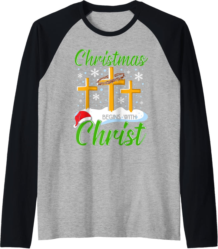 Christmas Begins With Christ Christian Cross Hat Xmas Pajama Raglan