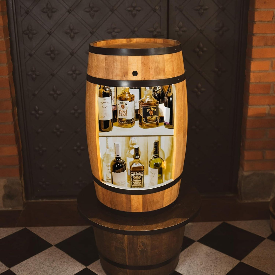 CREATIVE COOPER Fassbar LED mit Weinhalter - Weinregal - Holzfass Hausbar 80x50cm - Rustikaler deko