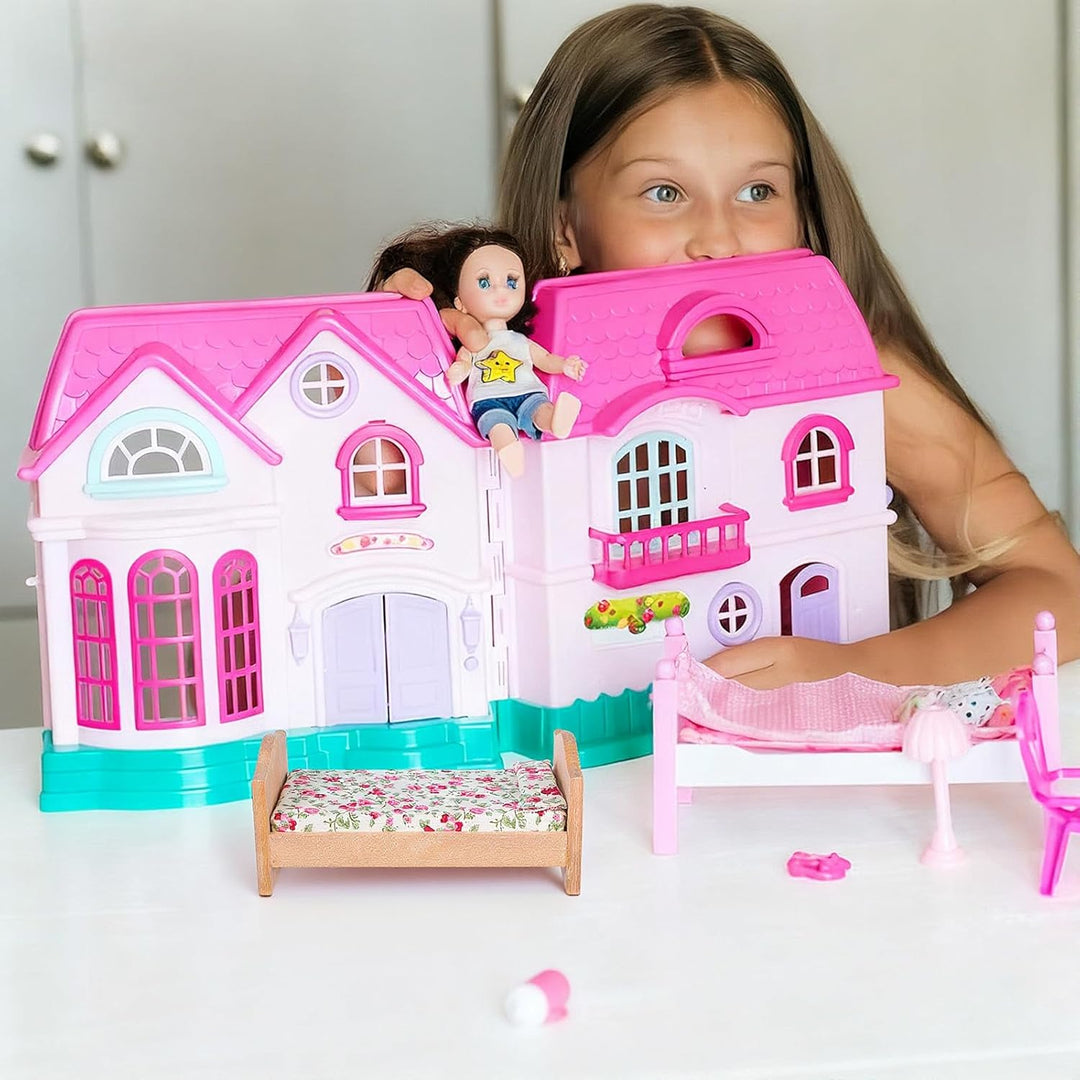 Kisangel 1 Set 1:12 Skala Mini-holzpuppenbett mit Rosenmuster Bettwäsche - Puppenhausmöbel für Puppe