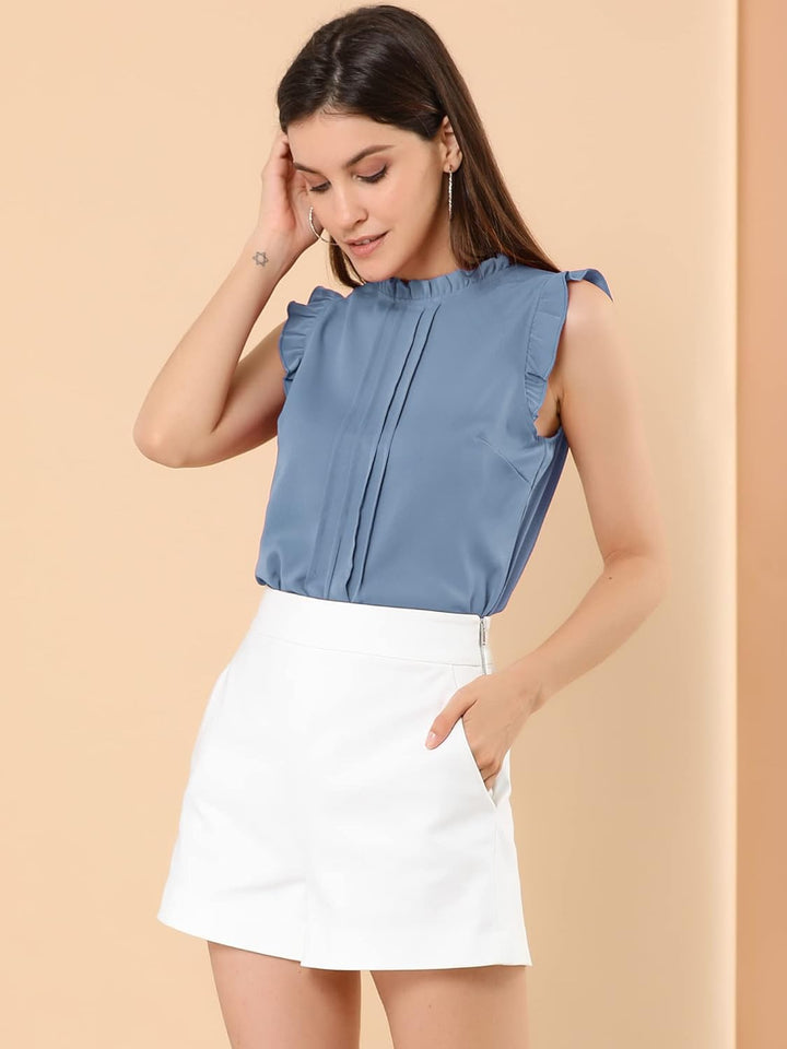 Allegra K Damen Plissee Oberteil Ärmellos Shirt Rundhals Elegante Rüschen Top Bluse L Blau Grau, L B
