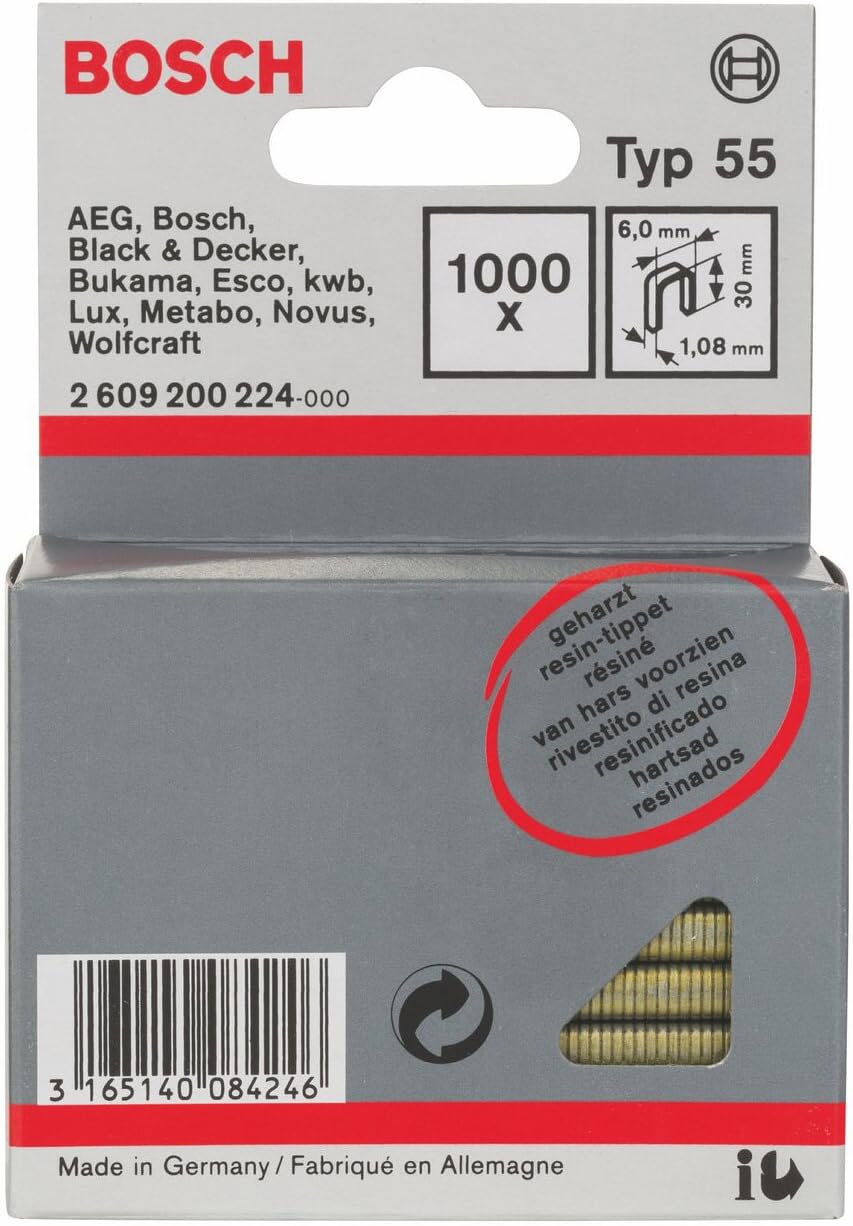 Bosch Professional 1000x Schmalrückenklammer Typ 55 Geharzt (Paneelen, Holzleiste, 6 x 1,08 x 30 mm,
