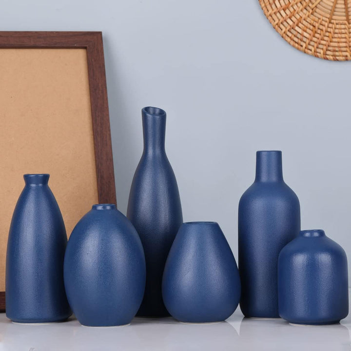Blaue Keramik Knospen Vasen Set von 6, Bauernhaus Dekor, Kamindekor, Kaminsims & Regal Dekor, Heimde
