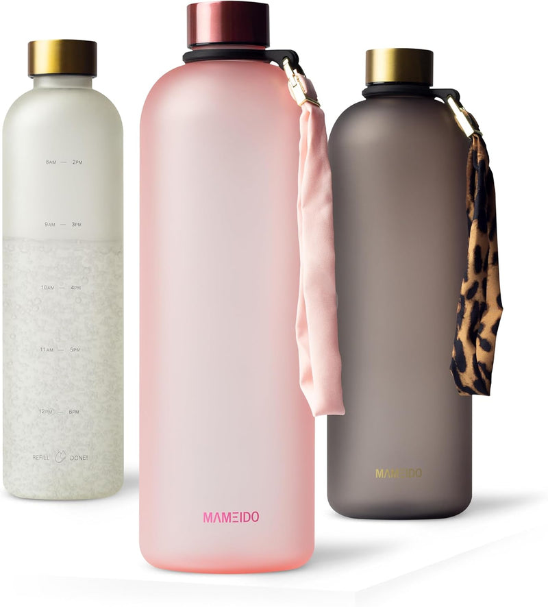 MAMEIDO Trinkflasche 1,5l & 1l Kohlensäure geeignet, auslaufsichere Trinkflasche mit Zeitmarkierung