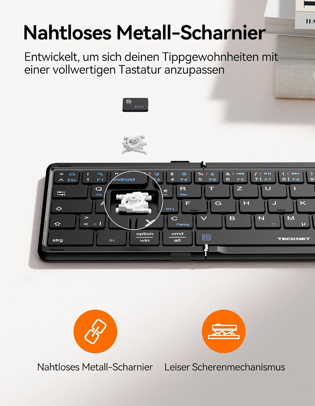 TECKNET Bluetooth Tastatur Faltbare mit Touchpad, QWERTZ Deutsch, Schwarz, Schwarz