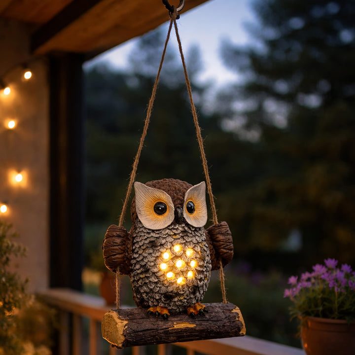 Spetebo Solar Gartenfigur Eule auf Schaukel zum Hängen - 17 x 14 cm - Eulenfigur warm weiss beleucht