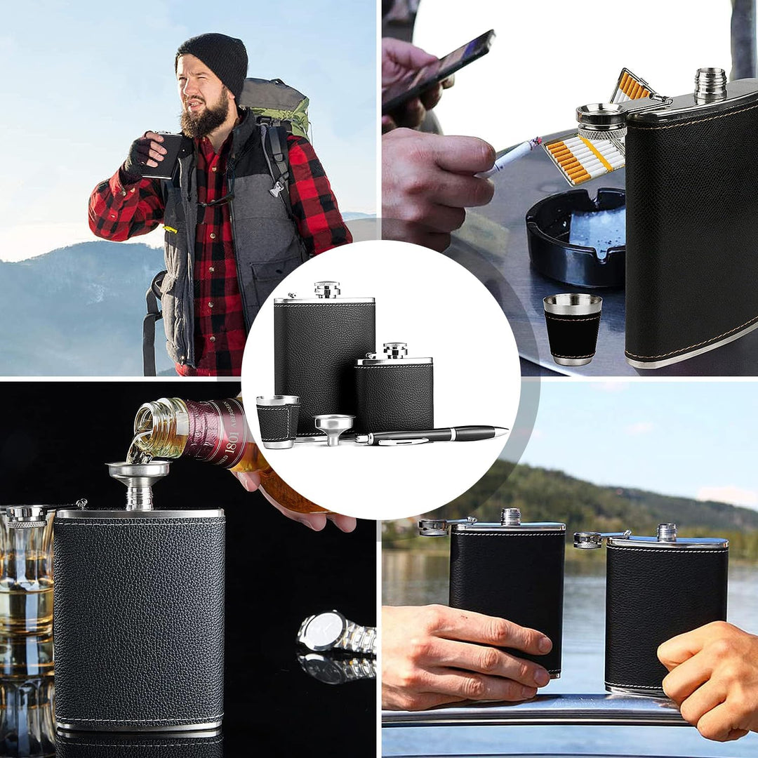 Flachmann Geschenkset Personalisiert 8oz+3oz, Schwarz Leder Mit Schnapsbecher Edelstahl, Signatursti