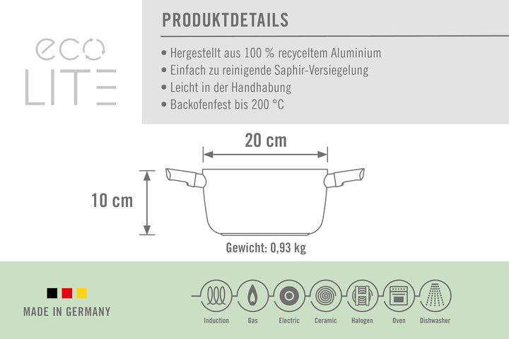 Woll Eco Lite Topf - Induktiv -, Ø 20 cm, 10 cm hoch, 3 Liter, mit 2 Seitengriffen - Geeignet für al