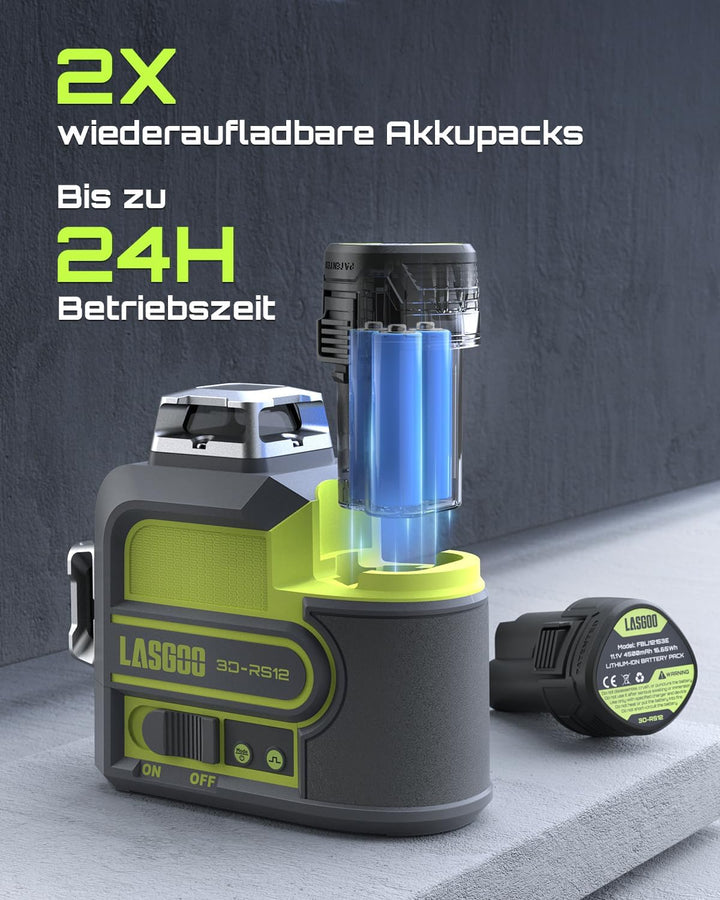 LasGoo 3D-RS12 Laser-Nivelliergerät: 3x360° grüner Strahl, selbstnivellierend, ideal für Bau und Bil