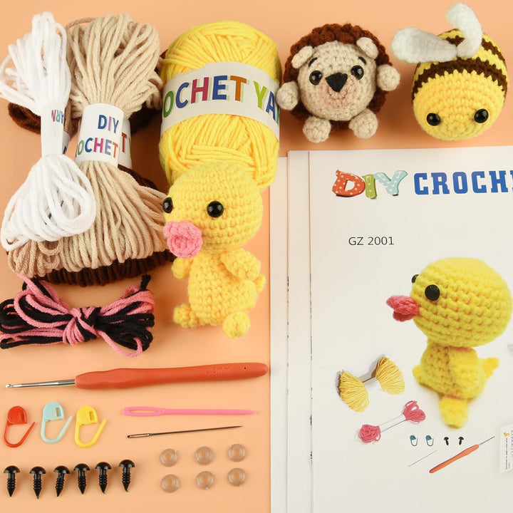 ASTARON Crochet Kit, Häkelset für Erwachsene und Kinder, 3 süsse Häkeltiere – Igel, Biene, Ente, Häk