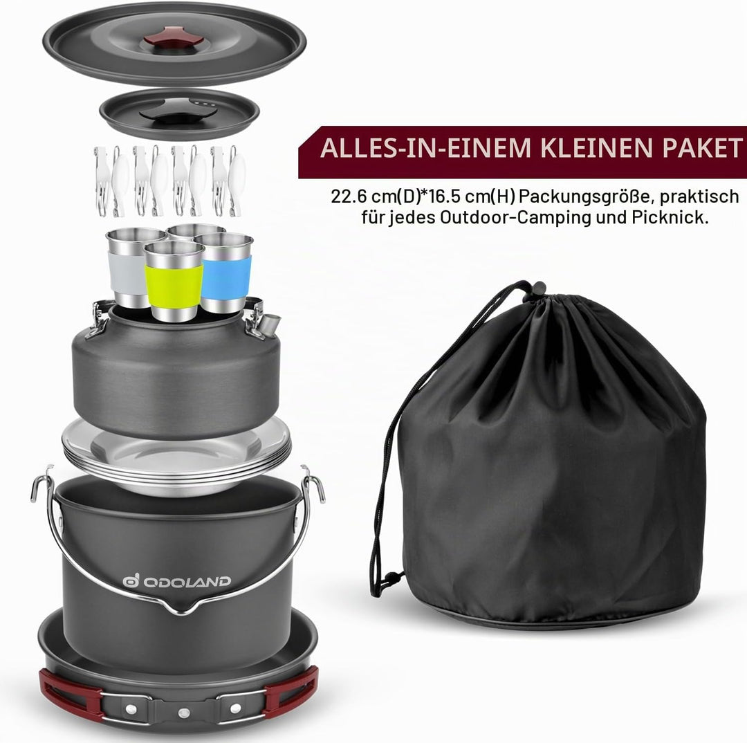 Odoland Camping Geschirr Set, Kochgeschirr für Outdoor Kochen für Camping, Rucksacktourismus, Kochen