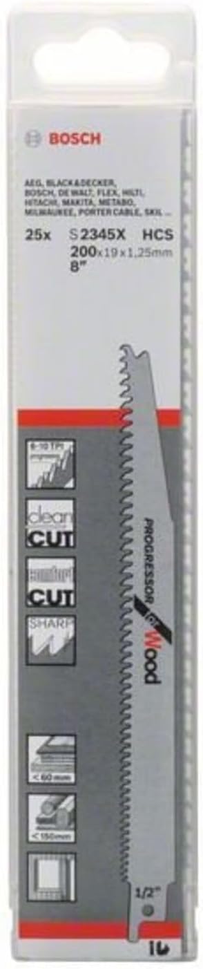 Bosch Professional 25 Stück Säbelsägeblatt S 2345 X Progressor for Wood (für Holz, 200 x 19 x 1,25 m