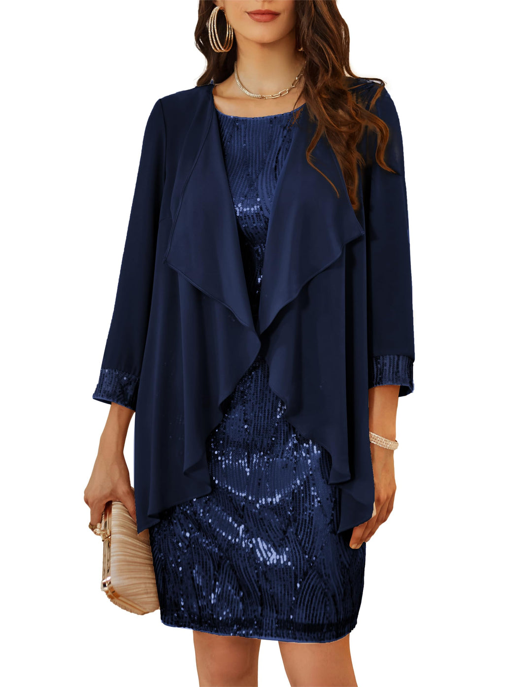 GRACE KARIN Damen Ärmelloses Rundhals Pailletten Cami Kleid Elegant Zweiteiler Tüll Cardigan Abendkl