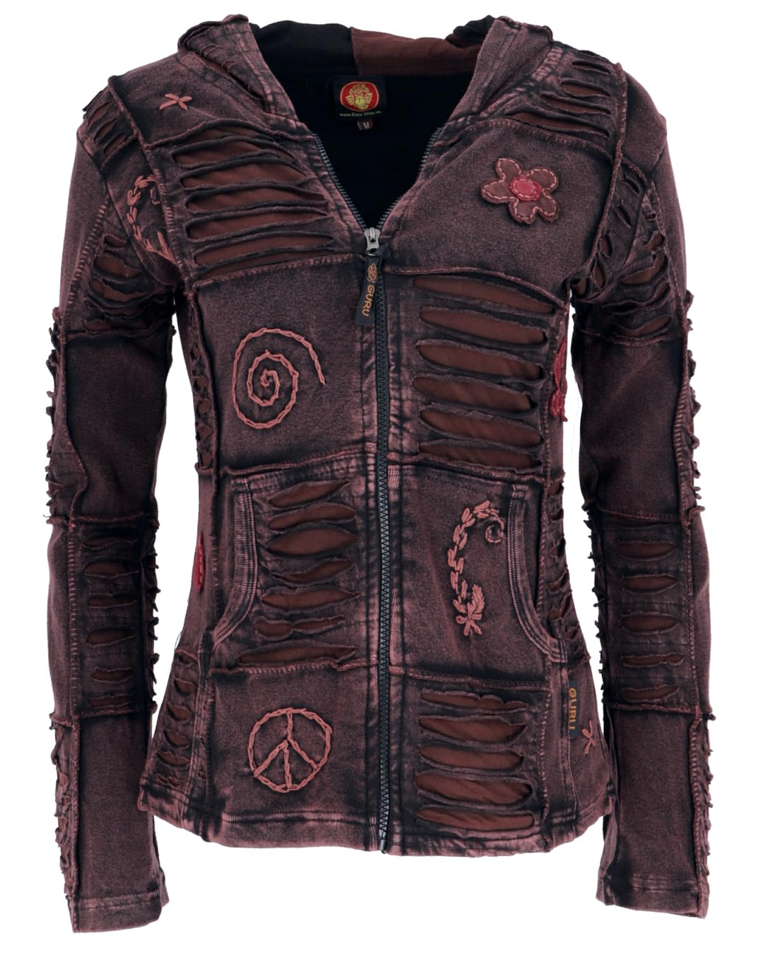 GURU SHOP Goa Patchwork Jacke, Kapuzenjacke, Damen, Baumwolle, 38 dunkelbraun