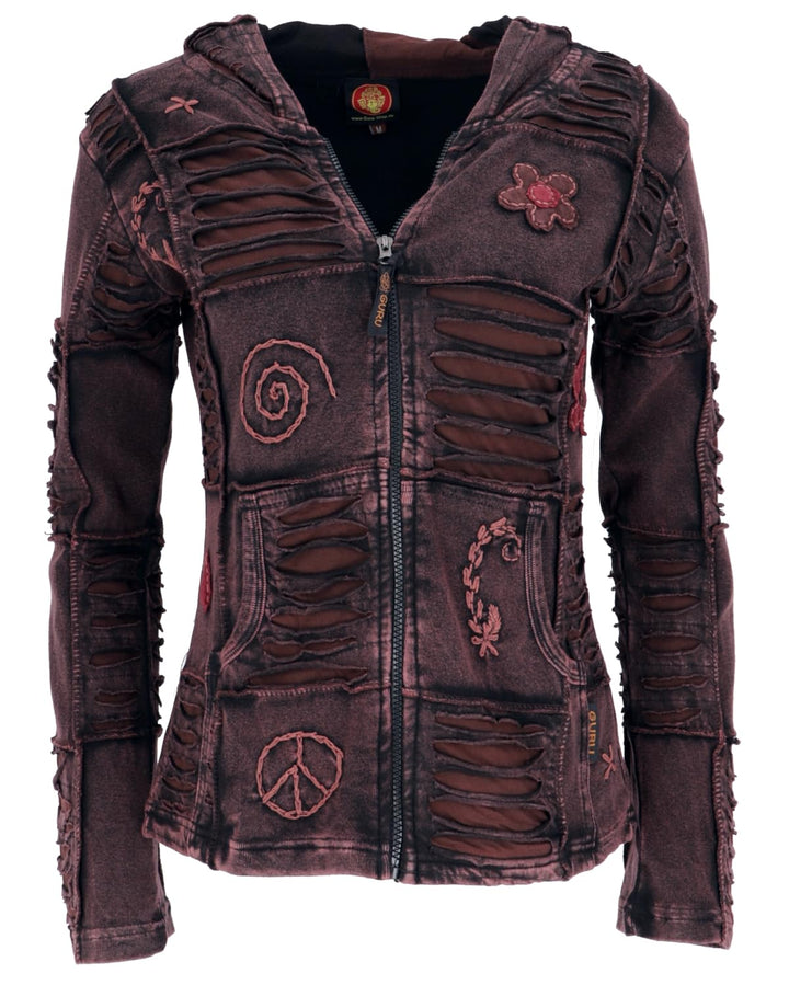 GURU SHOP Goa Patchwork Jacke, Kapuzenjacke, Damen, Baumwolle, 38 dunkelbraun