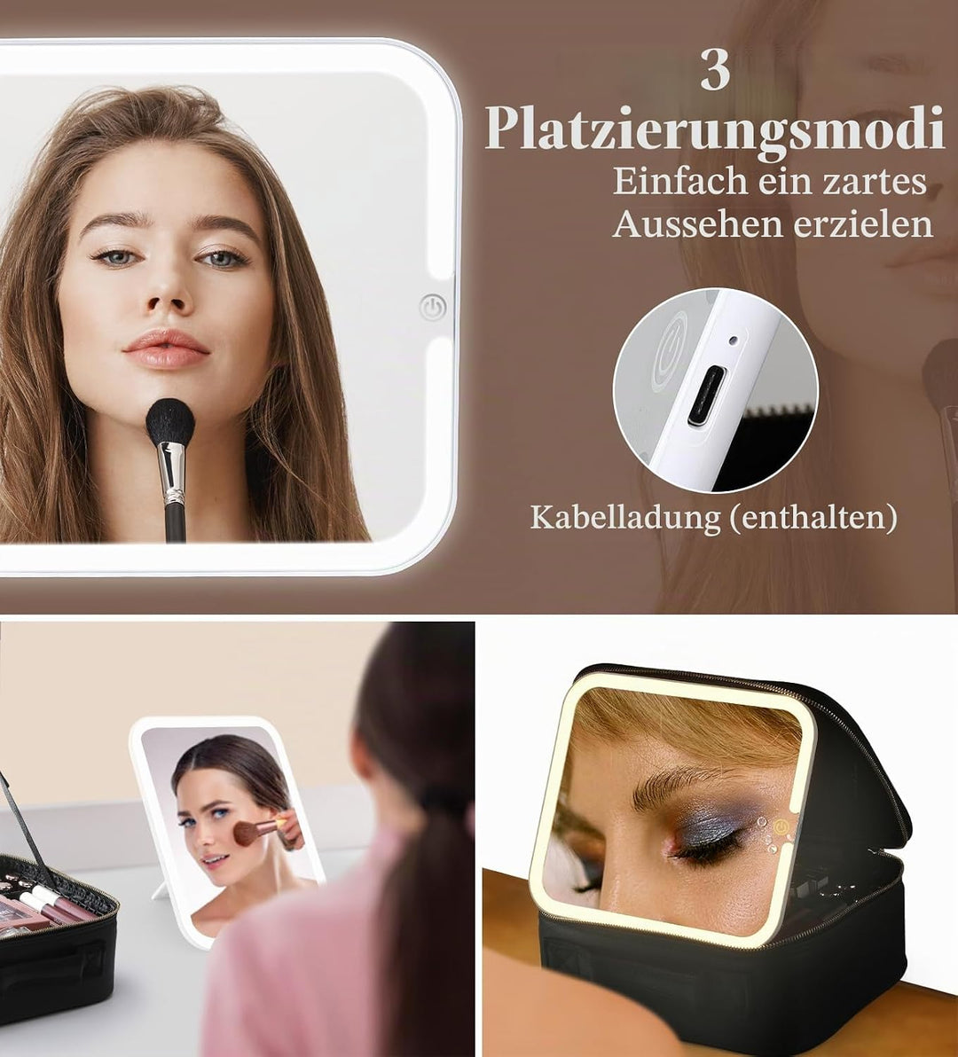 Luxspire Make-up-Koffer, Kosmetikkoffer mit abnehmbarem beleuchteten Spiegel, tragbare Kosmetiktasch