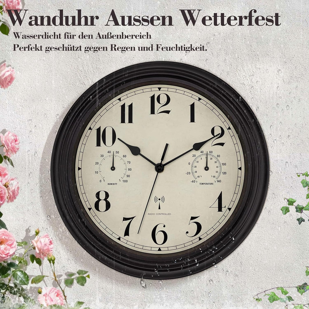 Foxtop Funk Wanduhr, Innen Draussen Wetterfeste Wanduhr mit Temperaturanzeige und Hygrometer, Ohne T