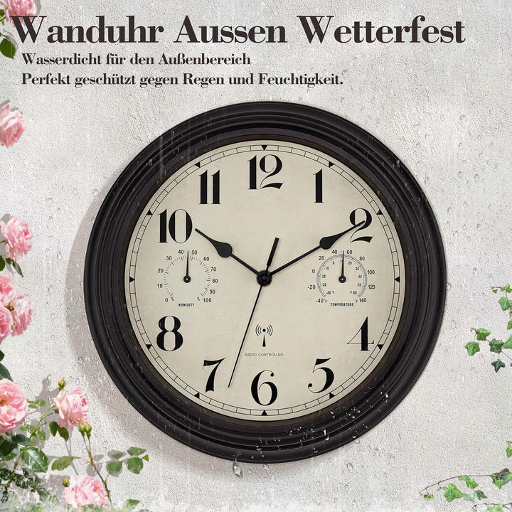 Foxtop Funk Wanduhr, Innen Draussen Wetterfeste Wanduhr mit Temperaturanzeige und Hygrometer, Ohne T
