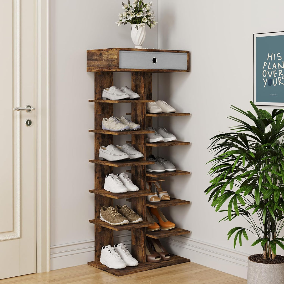 WOLTU Schuhregal mit Schublade, Holzoptik,Schuhschrank mit 12 Ablagen,Schuh-Organizier, Schuhaufbewa