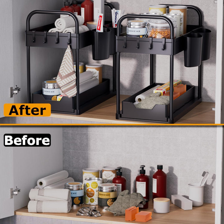 GEMWON Küchen Organizer, 2 Etagen Unter Waschbecken Regal mit 4 Haken &amp;2 Tassen, Spülschrank Organiz