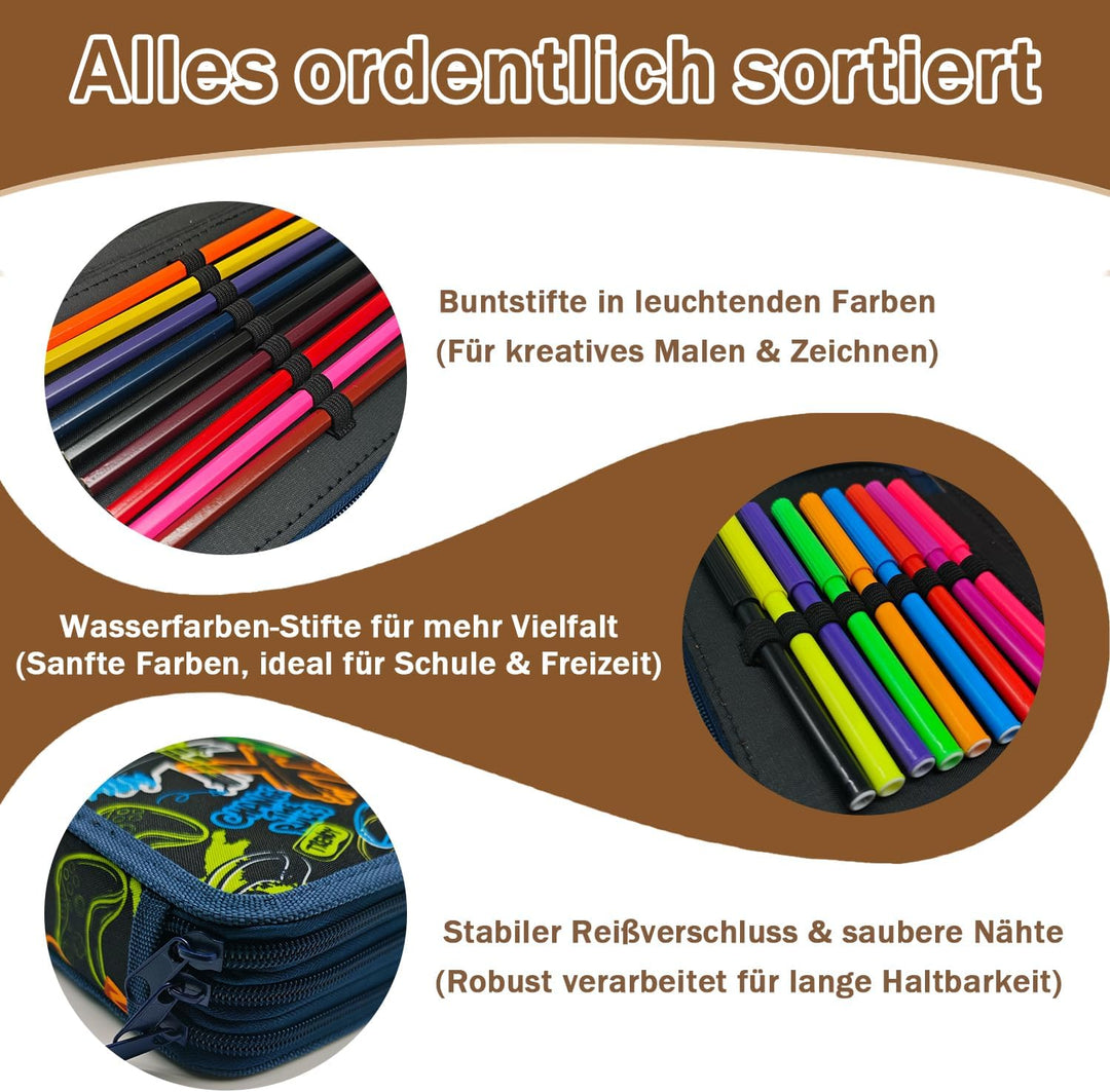 Federmäppchen 3 Fächer, Federmappe Jungen ab 5. Klasse, Federmäppchen mit Inhalt, Schuletui Jungen m