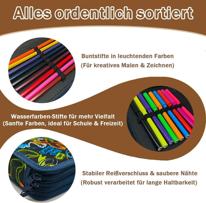 Federmäppchen 3 Fächer, Federmappe Jungen ab 5. Klasse, Federmäppchen mit Inhalt, Schuletui Jungen m