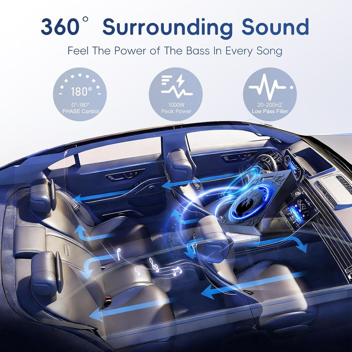 Rimoody 10 Zoll Flachbau Aktiv-Subwoofer für Auto - 1200W RMS, Bass Boost, Phasenregler, Unterbausit