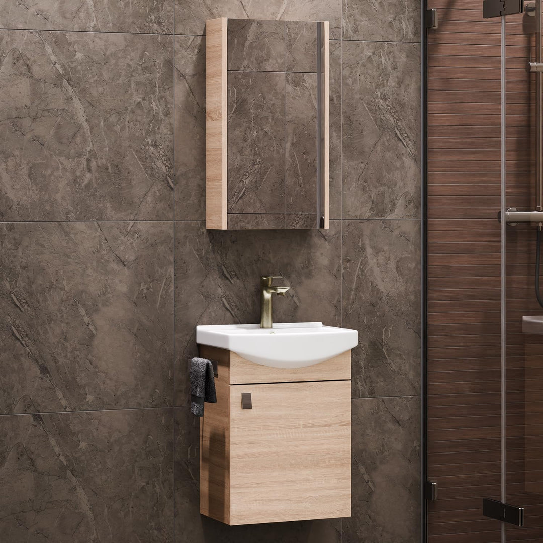 Planetmöbel Badmöbel Set aus Waschtisch + Waschbecken + Spiegelschrank, Gäste Bad WC, Farbe Sonoma E