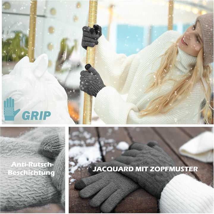 Alpaka Handschuhe Damen Fleece Doppelfutter & Touchscreen - Thermo Winterhandschuhe mit Anti-Rutsch
