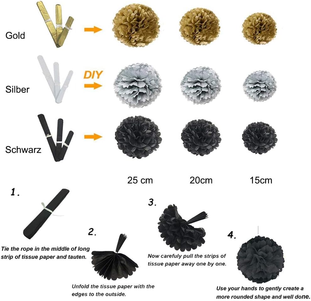 Schwarz Gold Party Deko Set - DIY Pompoms Blumen, Quaste Girlande, Luftballons, Polka Dot Papier Gir