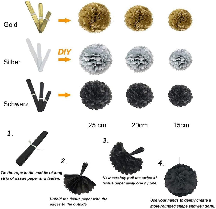 Schwarz Gold Party Deko Set - DIY Pompoms Blumen, Quaste Girlande, Luftballons, Polka Dot Papier Gir