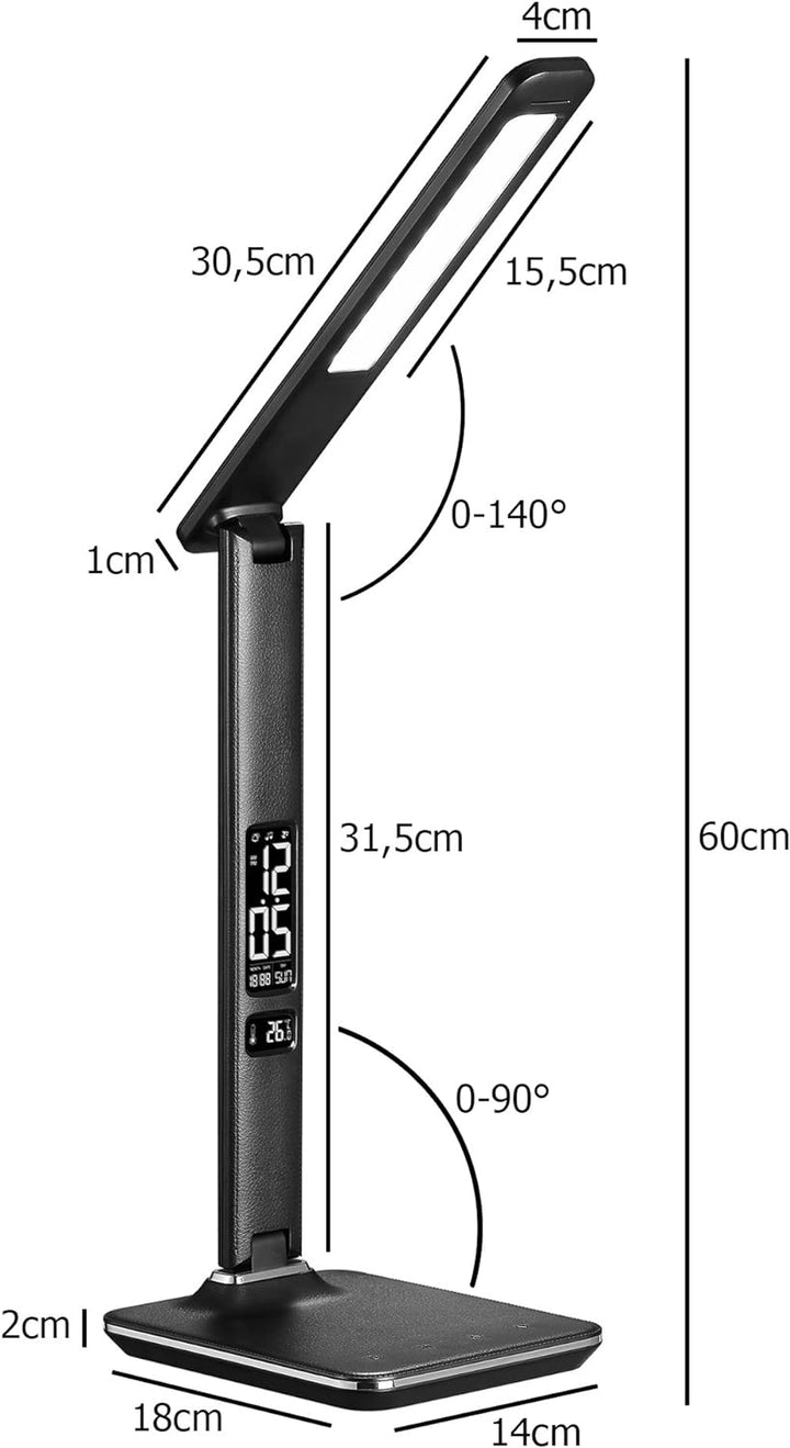 @tec Dimmbare LED Schreibtischlampe in Lederoptik mit Display für Datums, Uhrzeit, Temperatur - schw