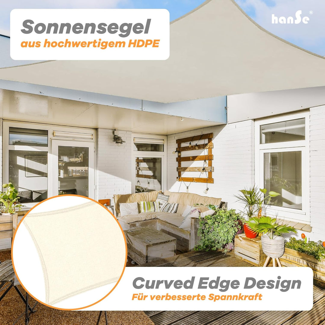 hanSe Sonnensegel rechteckig, Segeltuch Rechteck, 3x4m in Creme, aus HDPE Gewebe, wetterbeständig, m