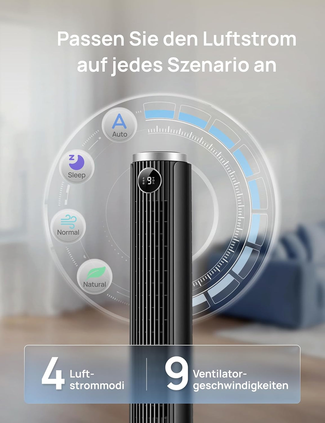 DREO Smart 102–114cm Turmventilator fürs Schlafzimmer, Höhenverstellbar, 8.4m/s, DC-Motor, 9 Stufen,