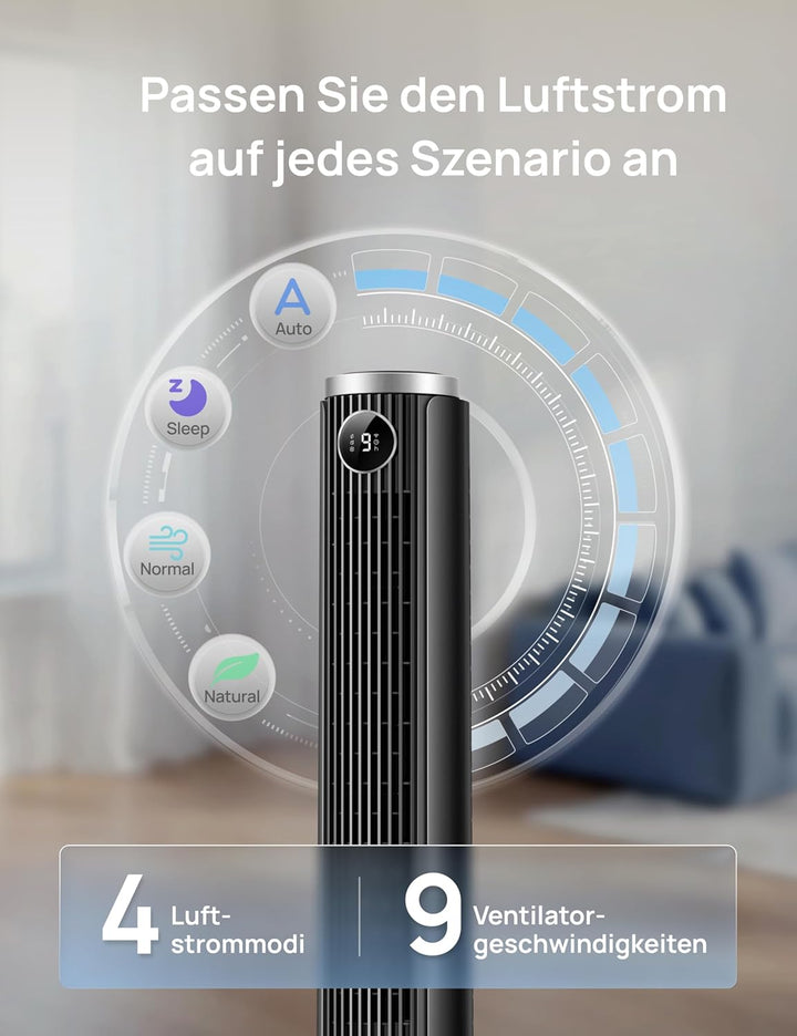 DREO Smart 102–114cm Turmventilator fürs Schlafzimmer, Höhenverstellbar, 8.4m/s, DC-Motor, 9 Stufen,