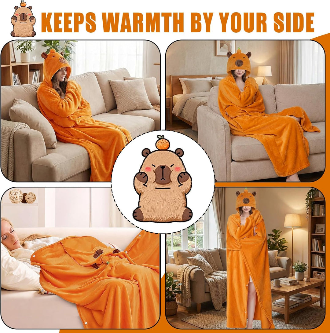MSISILY Tragbare Decke Hoodie Kuscheldecke Mit Ärmeln, Decke Zum Anziehen Grosse Capybara Decke Gesc