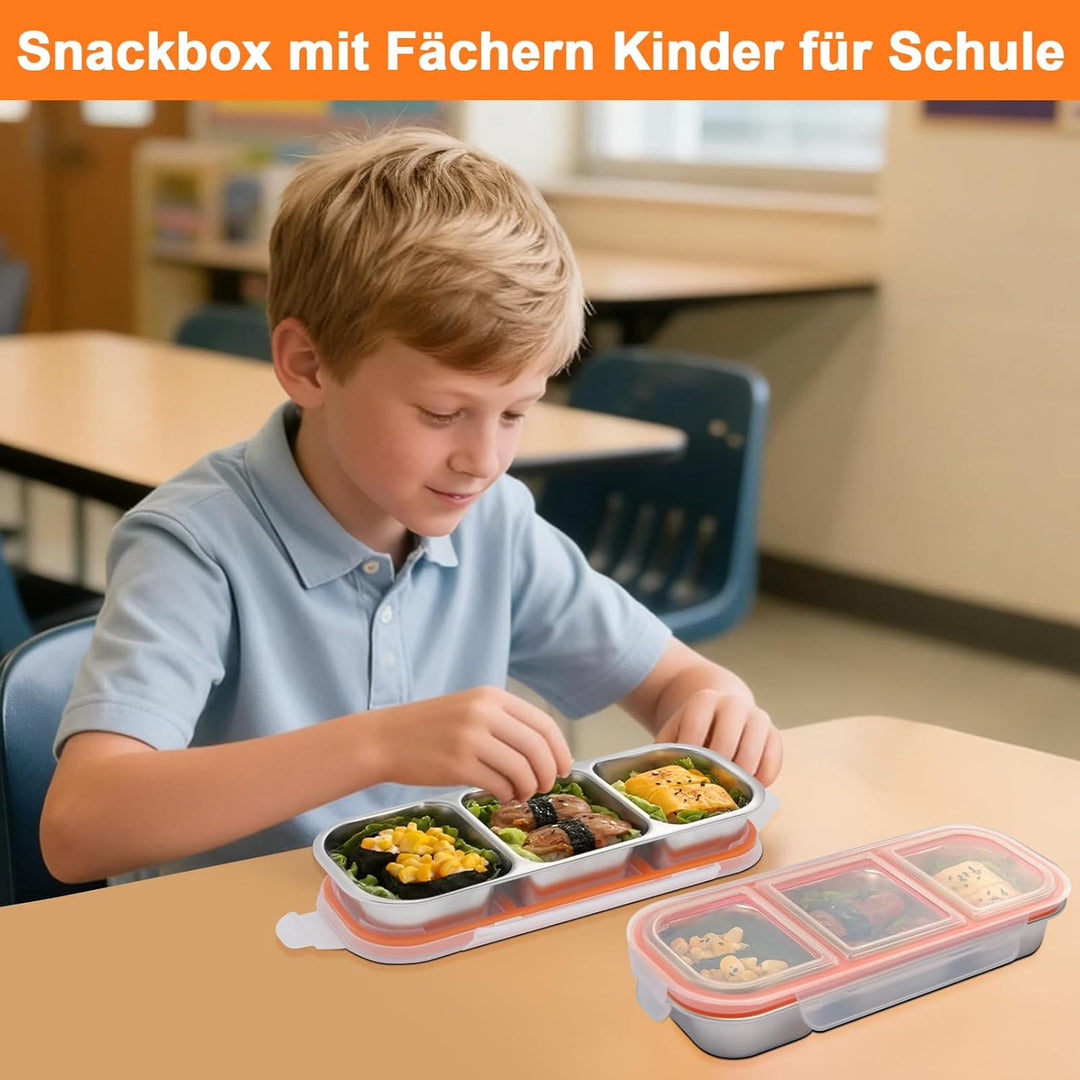 Snackbox mit 3 Fächern Edelstahl: 2 Stück Auslaufsicher Snackdose mit Deckel(600ml)-Tragbare Brotdos