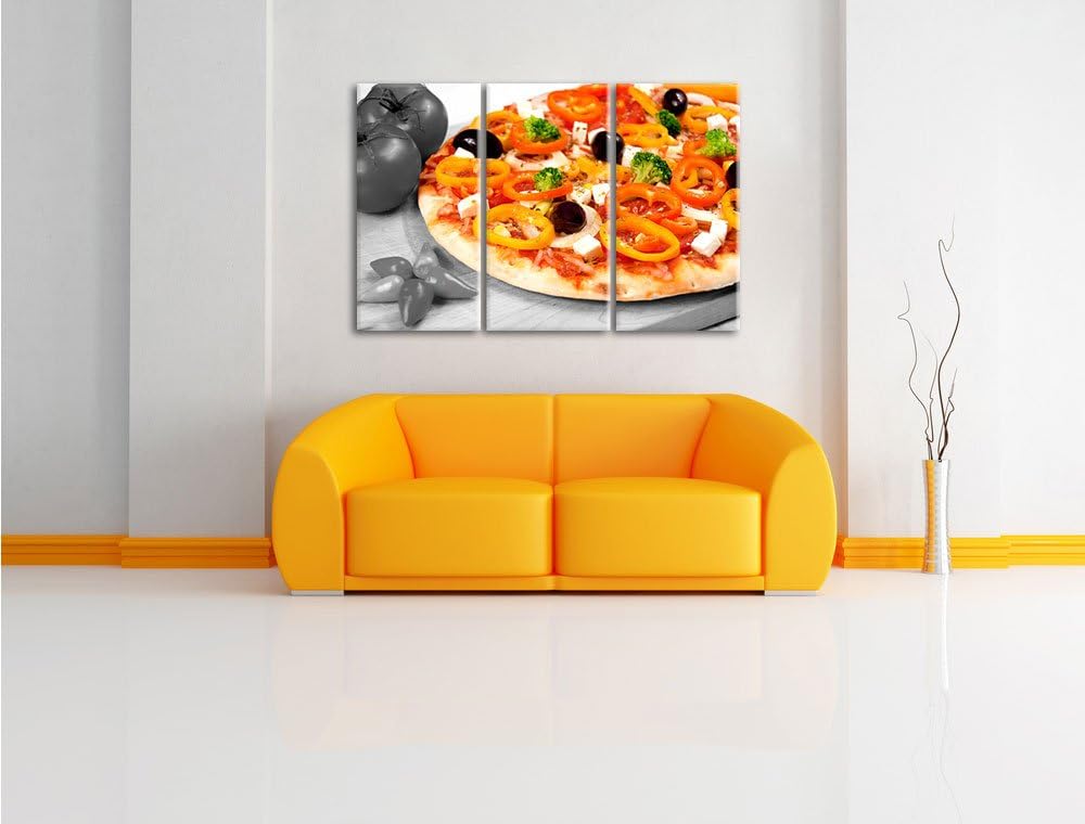 Pixxprint Pizza mit Oliven und Hirtenkäse als Leinwandbild/Grösse: 3 Teilig (120x80) cm/Wandbild/Kun